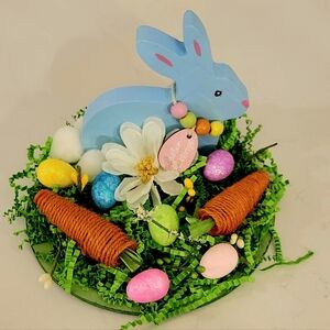 Blue Easter Bunny and Carrots Decor.  Size 6 1/2" around, 5" tall.